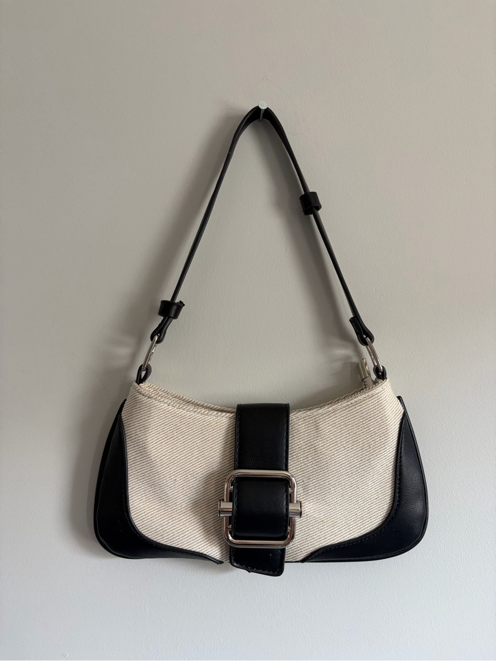 Small Black & Cream Shoulder Bag with Buckle Accent